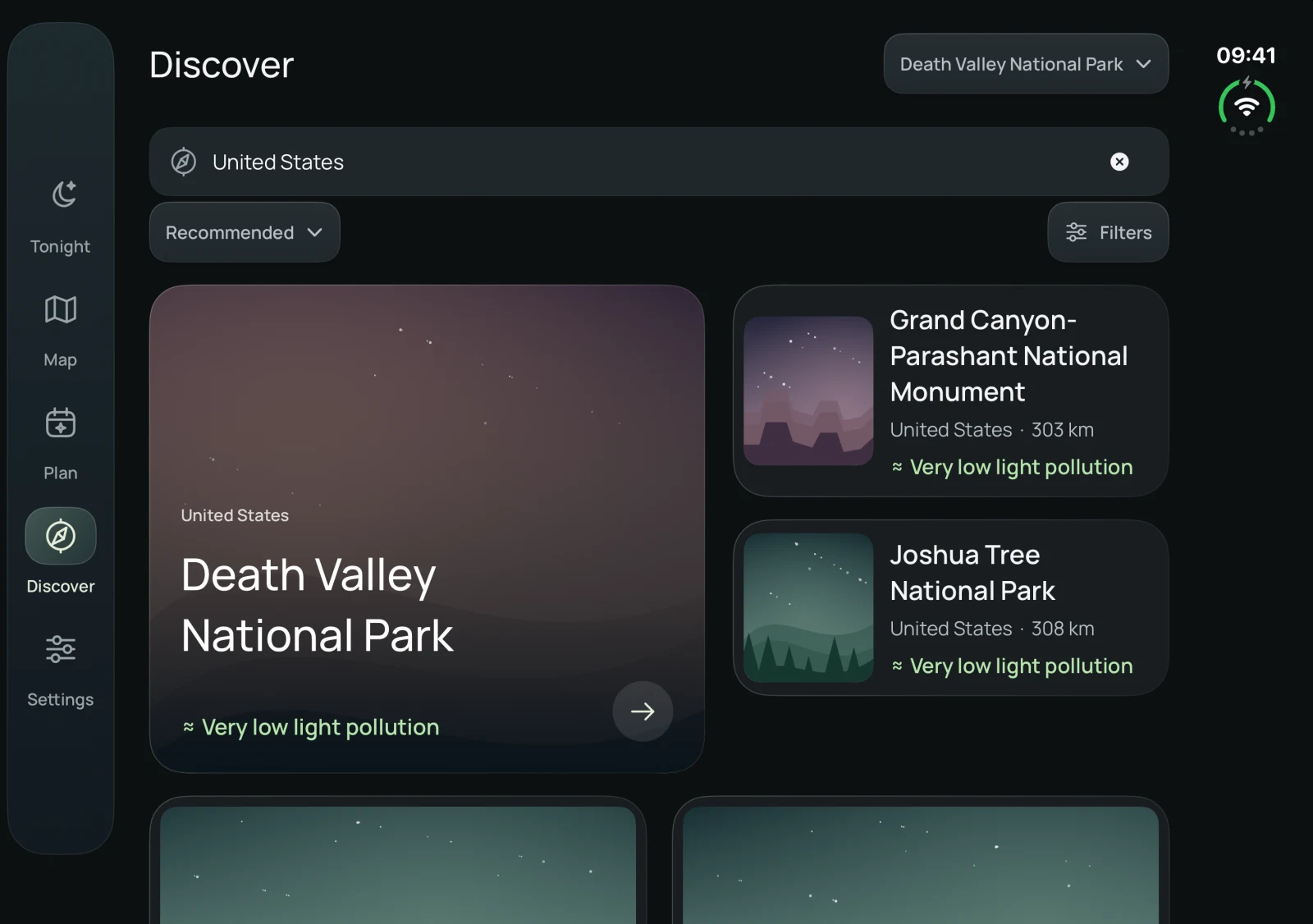 Noctis Discover screen with dark-sky destinations
